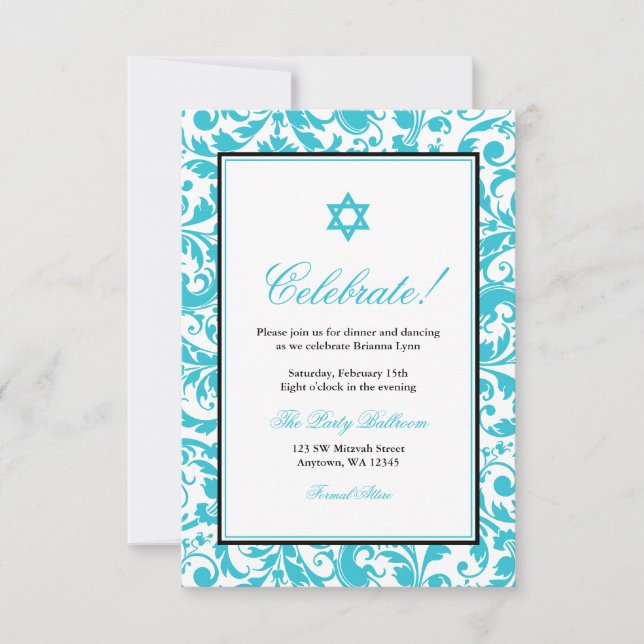 Invitation Bat mitzvah réception turquoise Blue Swirl Damask (Devant)