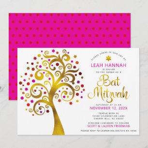 Invitation Bat mitzvah Red Gold Foil Modern Bold Tree of Life