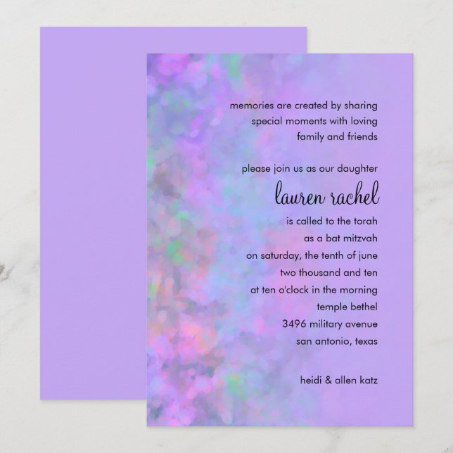 Invitation Bat mitzvah Résumé Conception en violet (Devant / Derrière)