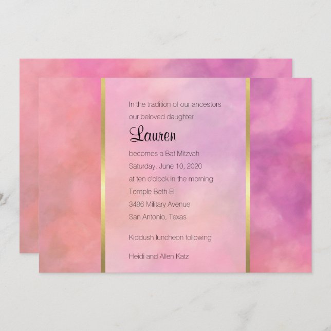 Invitation Bat mitzvah Résumé Design en rose (Devant / Derrière)