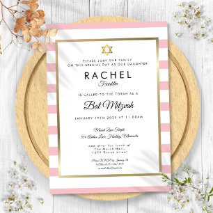 Invitation Bat mitzvah rose blanc rayure or étoile de David