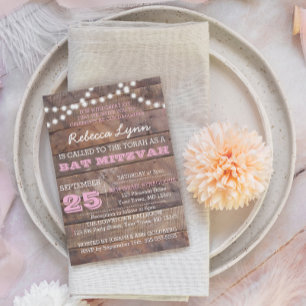 Invitation Bat mitzvah rose en bois d'écorce