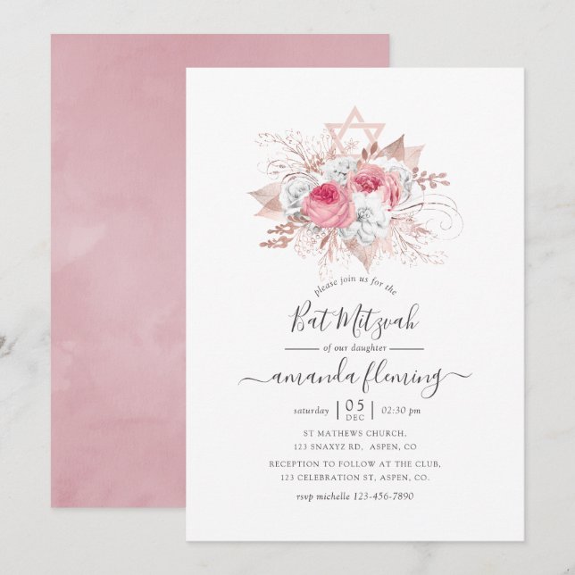 Invitation Bat mitzvah rose et Rose or Floral (Devant / Derrière)
