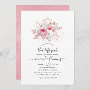 Invitation Bat mitzvah rose et Rose or Floral
