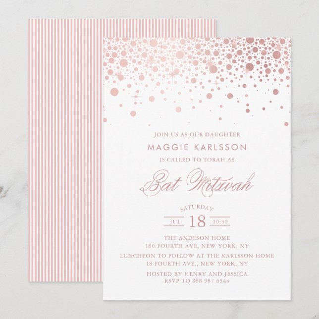 Invitation Bat mitzvah rose Gold Foil Confetti (Devant / Derrière)