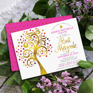 Invitation Bat Mitzvah Rose Gold Gaufrage Écriture Arbre de V