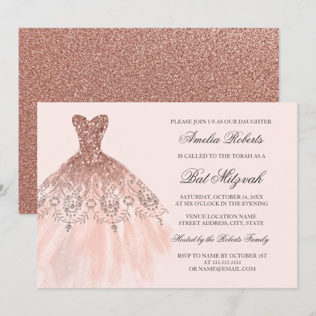 Invitation Bat mitzvah rose Gold Sparkle (Devant / Derrière)