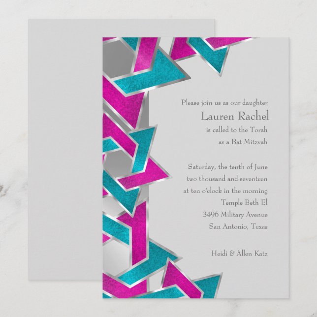 Invitation Bat mitzvah rose Turquoise Star de David N'importe (Devant / Derrière)
