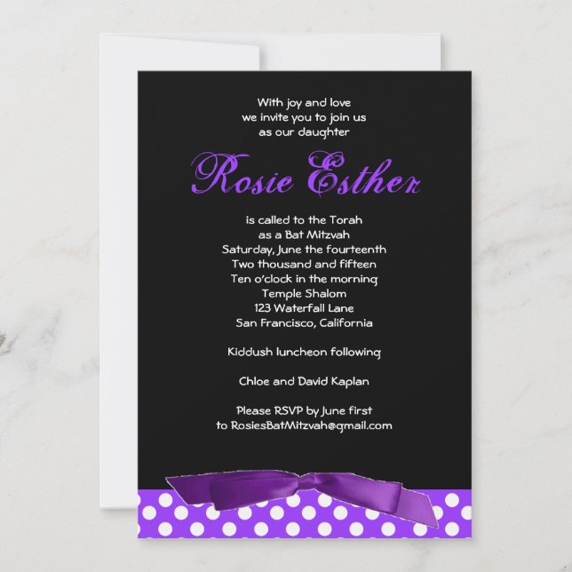 Invitation Bat mitzvah Rosie Purple Bow Black (Devant)