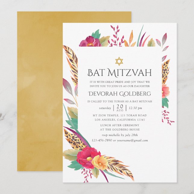 Invitation Bat mitzvah Safari Floral Aquarelle (Devant / Derrière)