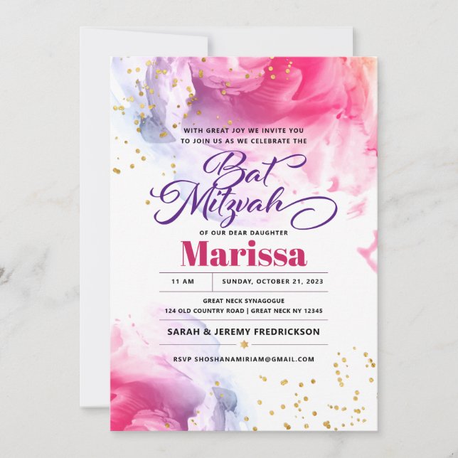 Invitation Bat mitzvah Script Watercolor Parties scintillant  (Devant)
