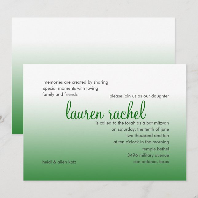 Invitation Bat Mitzvah Silver and Green Gradient (Devant / Derrière)