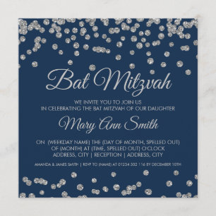 Invitation Bat mitzvah Silver Faux Parties scintillant Confet