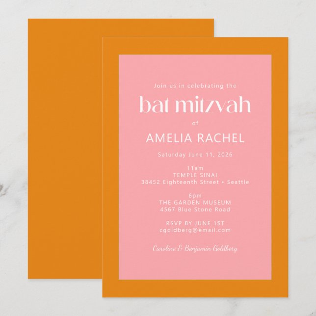 Invitation Bat mitzvah simple géométrique rose et orange (Devant / Derrière)