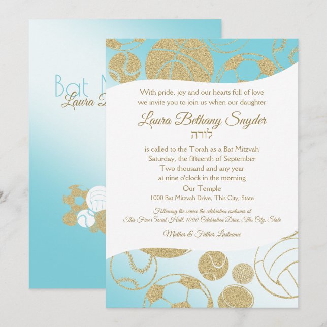 Invitation Bat mitzvah sportif Bleu et Or (Devant / Derrière)