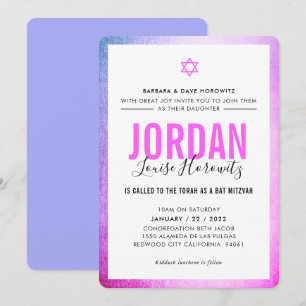 Invitation BAT MITZVAH star moderne fille rose violet glam