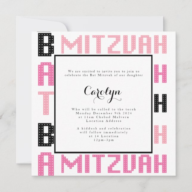 Invitation bat mitzvah sur le thème rose et noir (Devant)