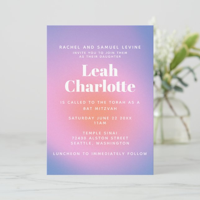 Invitation Bat mitzvah tendance Retro rose et violet (Debout devant)