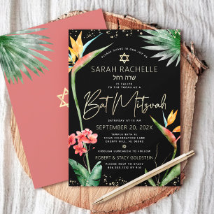 Invitation Bat Mitzvah Tropical Noir Or Floral Aquarelle