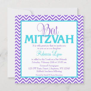 Invitation Bat mitzvah Turquoise bleu Chevron Purp