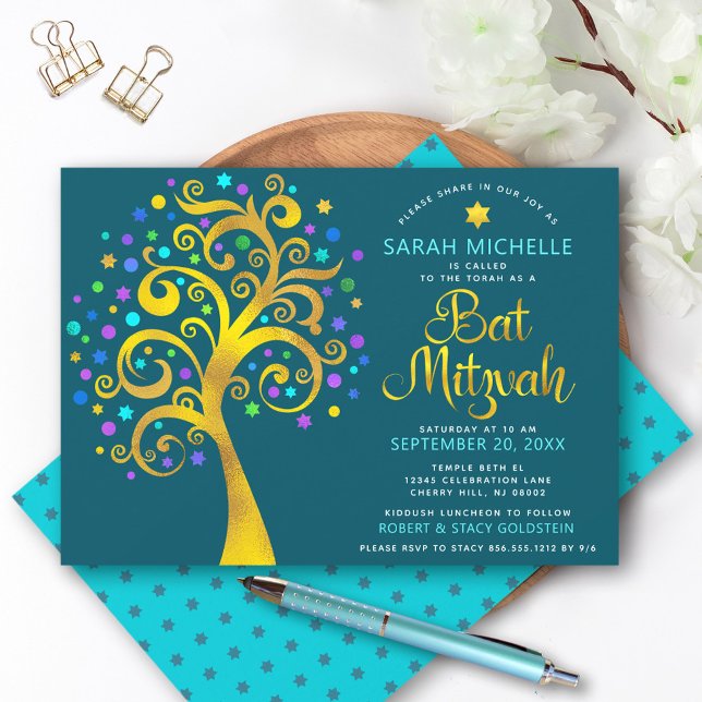 Invitation Bat mitzvah Turquoise Bleu Chic Or Arbre de vie (Créateur téléchargé)