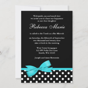 Invitation Bat mitzvah turquoise bleu et noir Pois Bow