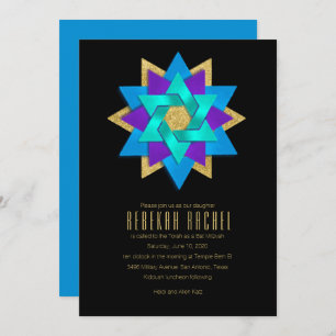 Invitation Bat mitzvah Turquoise bleu violet Aqua Star Flower