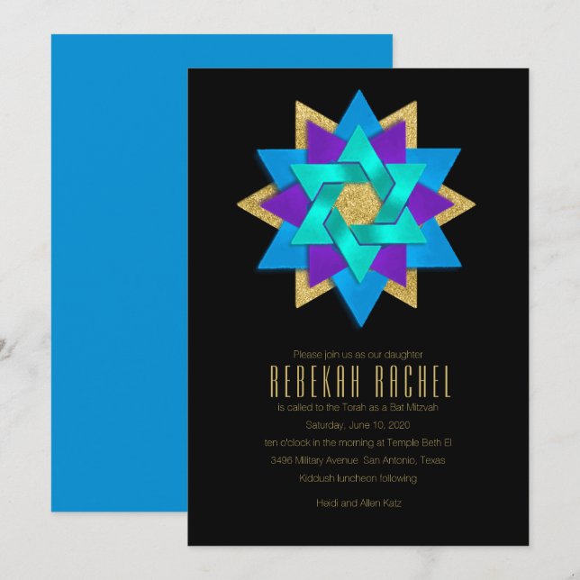 Invitation Bat mitzvah Turquoise bleu violet Aqua Star Flower (Devant / Derrière)