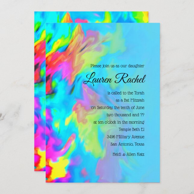 Invitation Bat mitzvah Turquoise Blue Lime Pink Tie Dye (Devant / Derrière)