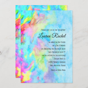 Invitation Bat mitzvah Turquoise Blue Lime Pink Tie Dye
