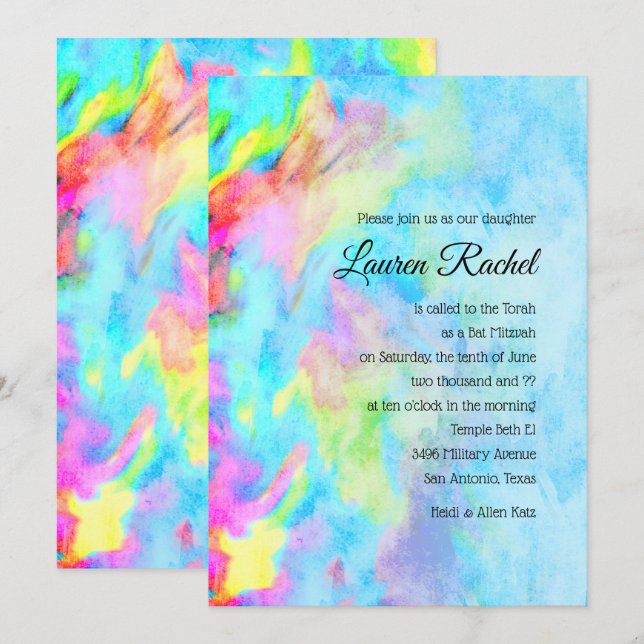 Invitation Bat mitzvah Turquoise Blue Lime Pink Tie Dye (Devant / Derrière)