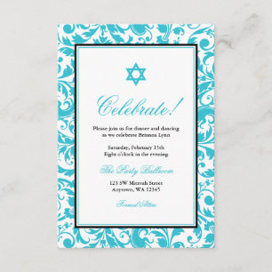Invitation Bat mitzvah Turquoise Blue Swirl Damask