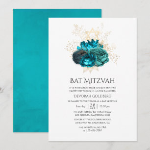 Invitation Bat mitzvah turquoise et or Floral