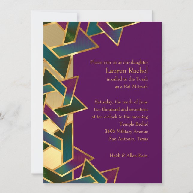Invitation Bat mitzvah violet Turquoise étoile de David sur n (Devant)