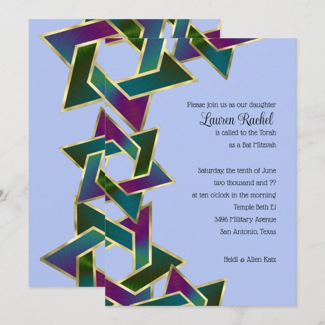 Invitation Bat mitzvah violet Turquoise étoile de David sur n (Devant / Derrière)