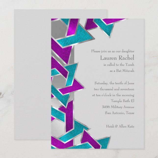 Invitation Bat mitzvah Violet Turquoise Star David N'Importe  (Devant / Derrière)