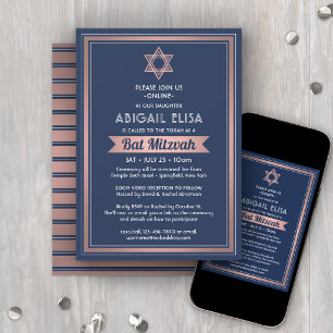 Invitation Bat Mitzvah virtuelle Zoom Bleu marine Rose Or ros
