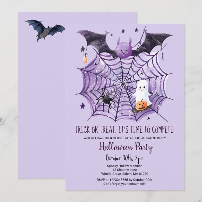 Invitation Bat Spider Web Citrouille de Fantôme Cute fête d'H (Devant / Derrière)