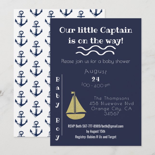 Invitation Bateau à voile blanc et bébé Ancre (Devant / Derrière)