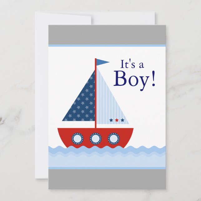 Invitation Bateau à voile blanc et bleu Rouge Baby Boy Douche (Devant)