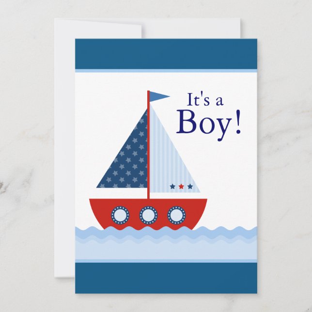 Invitation Bateau à voile blanc et bleu Rouge Baby Boy Douche (Devant)
