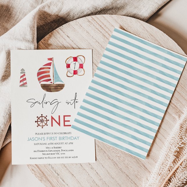 Invitation Bateau à voile bleu clair et rouge Nautique 1er an (Cute sailing into one first birthday invitation featuring a sail boat, lighthouse and lifebuoy.)