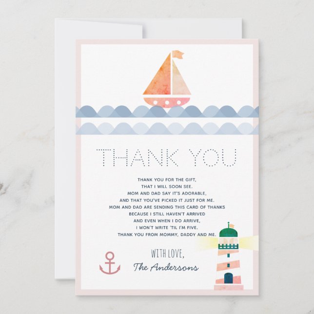 Invitation Bateau à voile et phare Baby shower rose Merci (Devant)