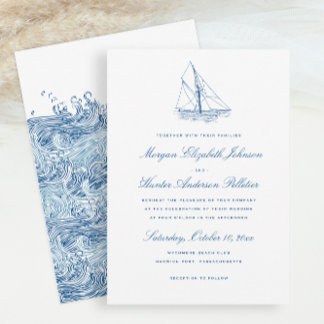 Invitation Bateau à voile et vagues bleu marine élégant maria
