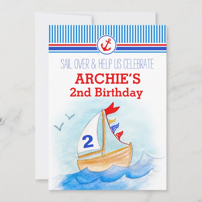 Invitation Bateau à voile garçons nautiques deuxième 2e anniv (Devant)