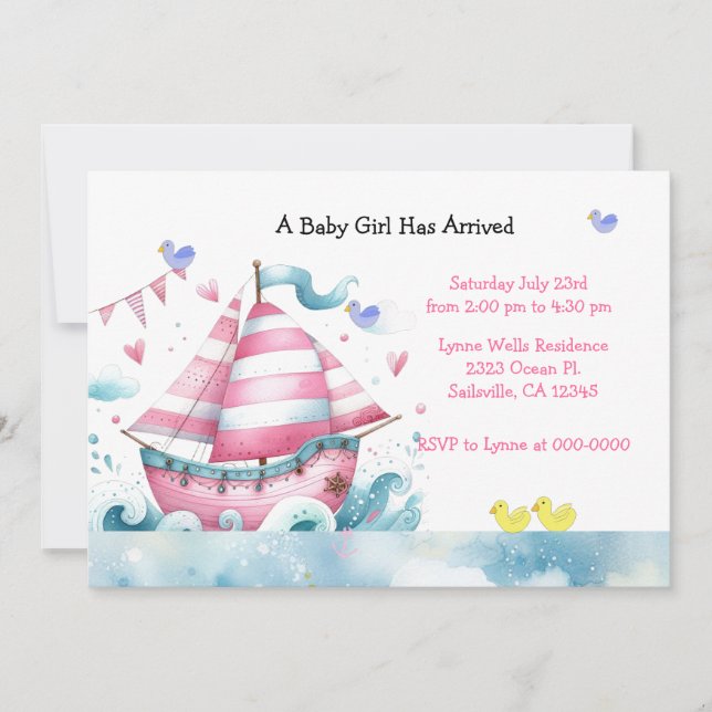 Invitation Bateau à voile rose blanc bébé fille douche Invita (Devant)