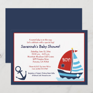 Invitation Bateau à voile rouge et bleu 5x7 Baby shower Invit