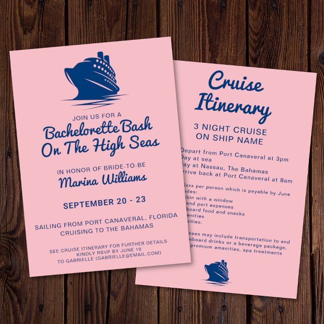 Invitation Bateau De Croisières Bachelorette Marine Et Itinér (Bachelorette cruise invitation with itinerary. In a navy and pink color palette. )