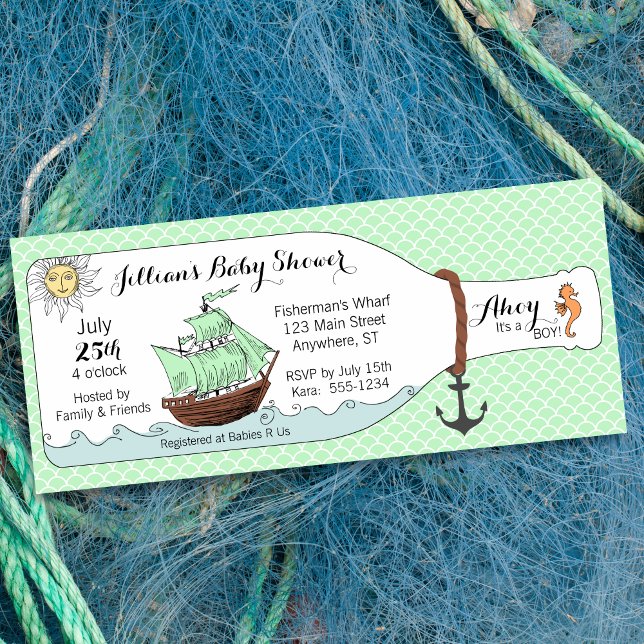 Invitation Bateau de pirate nautique dans le Baby shower de b (Shown on a 4" x 9.25" card)