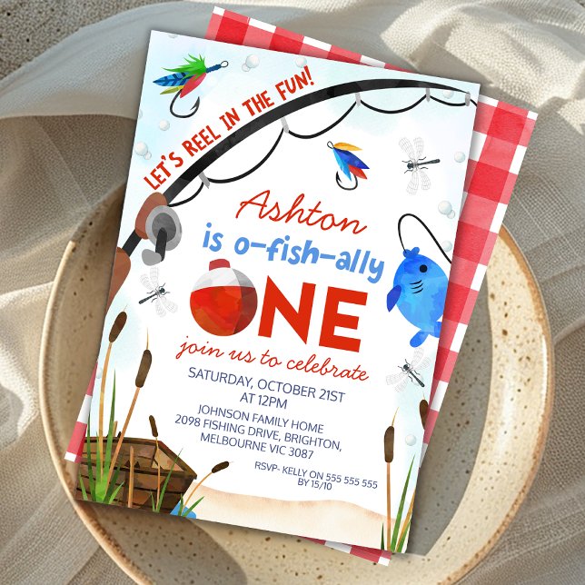 Invitation Bateau de poisson bleu Ofish Un 1er anniversaire (Red Blue Ofishally One 1st Birthday Invitation for Little Boy, Fishing Themed First Birthday Invite)